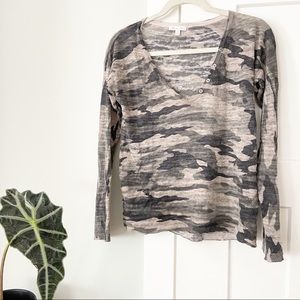 Minnie Rose Linen Sweater Camouflage V Neck XS